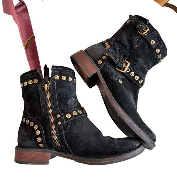 UGG moto boots Fabrizia studded black suede leather studs size 6.5 womens gold - Picture 7 of 10